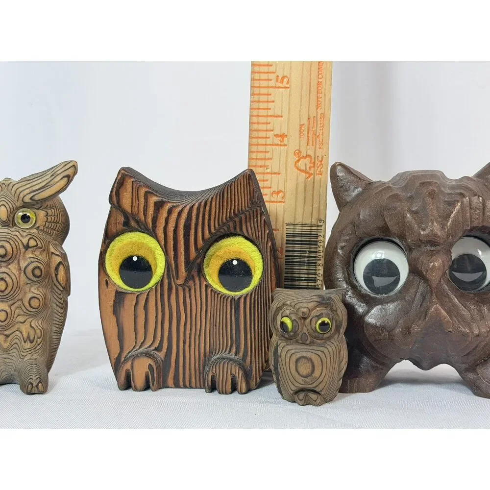 Vintage Cryptomeria Wood Carved Owl Lot of 4 Folk Art Big Eyes Woodland Forest